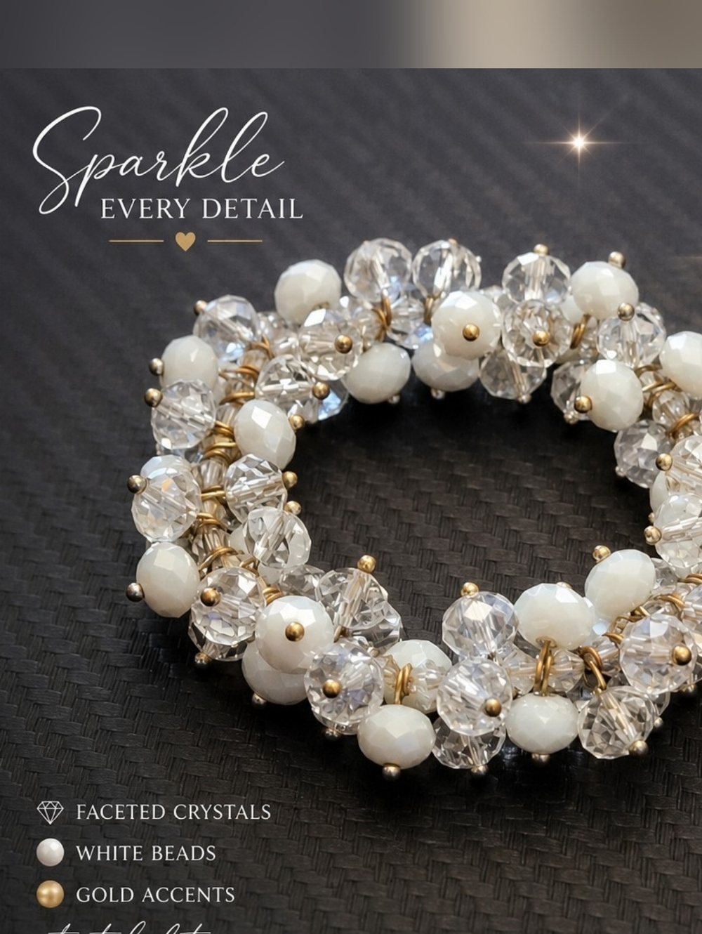 White & Clear Faceted Beaded Stretch Bracelet | Crystal Cluster Statement | Gold